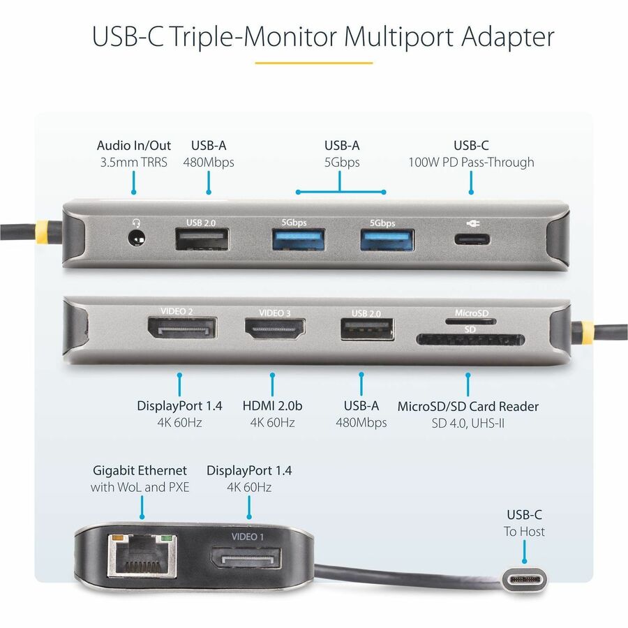 StarTech.com USB-C Triple-Monitor Multiport Adapter, Dual 4K 60Hz + 4K 30Hz HDMI & DP, 4x USB-A, 100W PD Pass-Through, GbE, SD Card Reader 154B-USBC-MULTIPORT