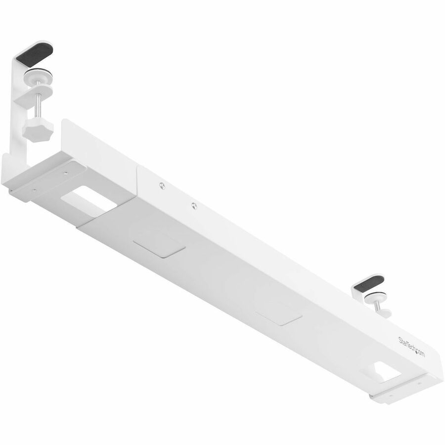 StarTech.com Under Desk Cable Management Tray, Length Adjustable, Clamp-On Installation, No Drilling Required, White CALW-DESK-CABLE-TRAY