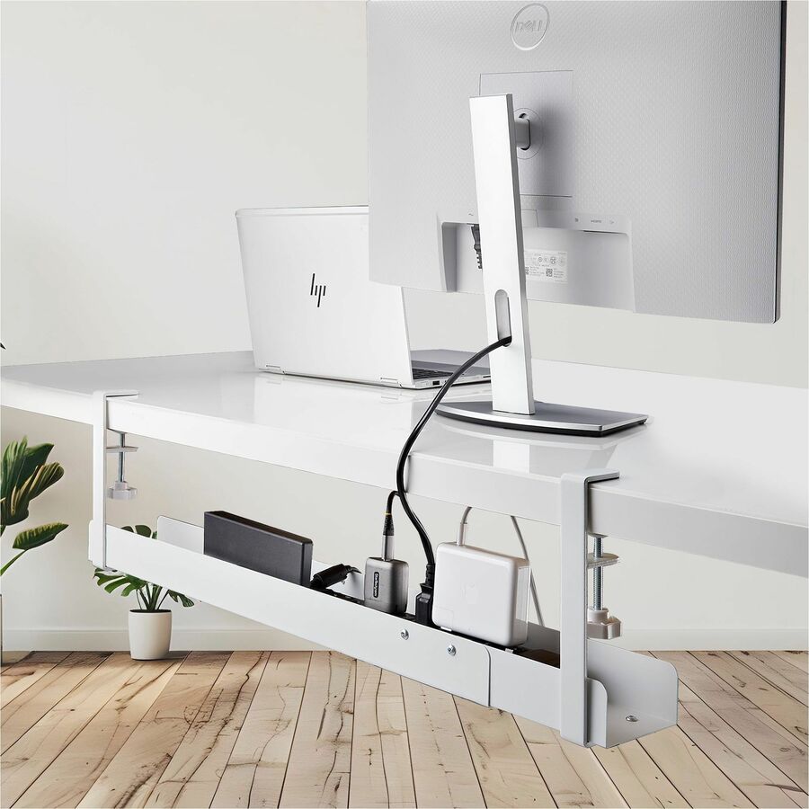 StarTech.com Under Desk Cable Management Tray, Length Adjustable, Clamp-On Installation, No Drilling Required, White CALW-DESK-CABLE-TRAY