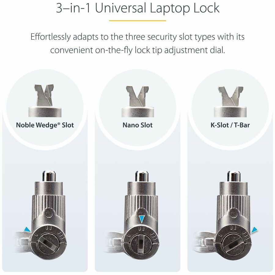 StarTech.com 3-in-1 Universal Laptop Lock 6.6ft, Master Keyed Locking Cable, Security Cable, Compatible w/Noble Wedge&reg;/Nano/K-Slot UNIVKMKO-LAPTOP-LOCK