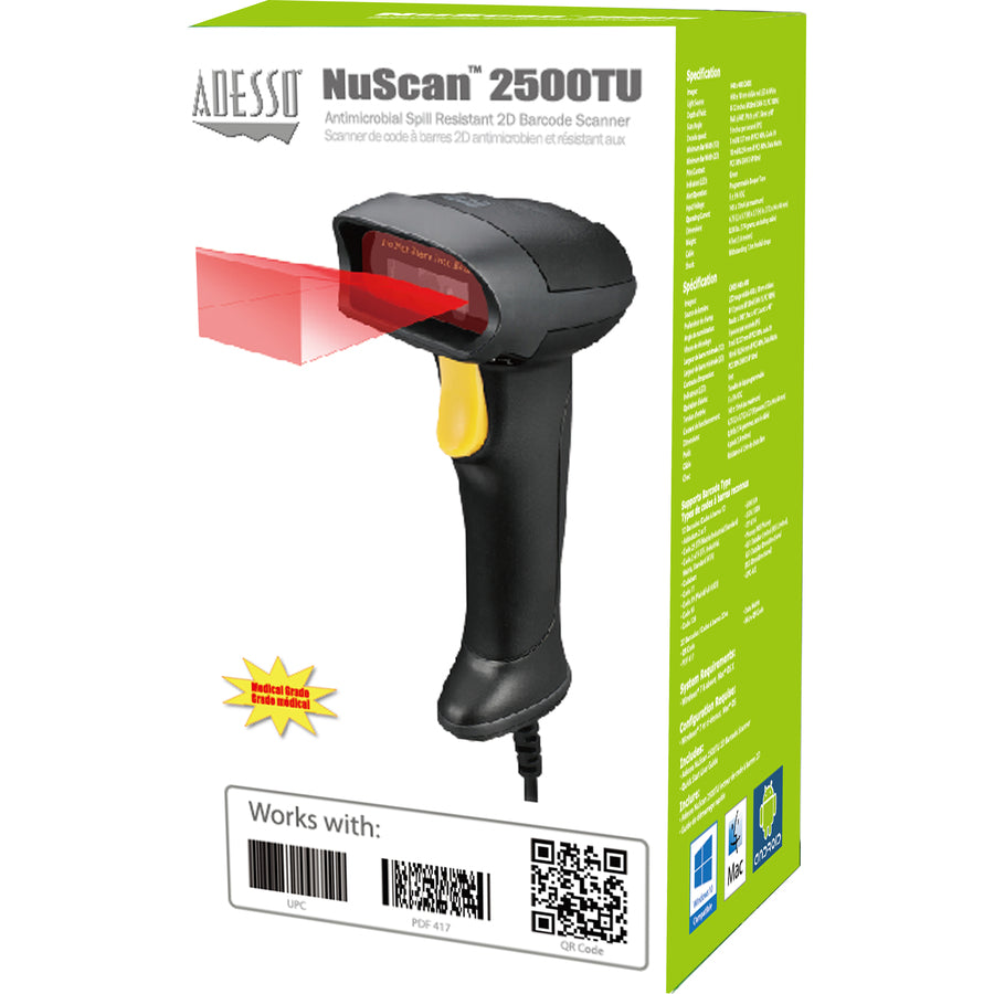 Adesso NuScan 2500TU Spill Resistant Antimicrobial 2D Barcode Scanner NUSCAN 2500TU