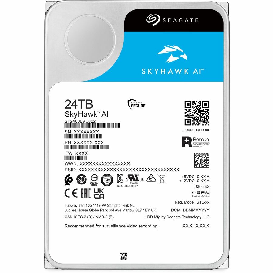 Seagate SkyHawk AI ST24000VE002 24 TB Hard Drive - 3.5" Internal - SATA (SATA/600) - Conventional Magnetic Recording (CMR) Method ST24000VE002