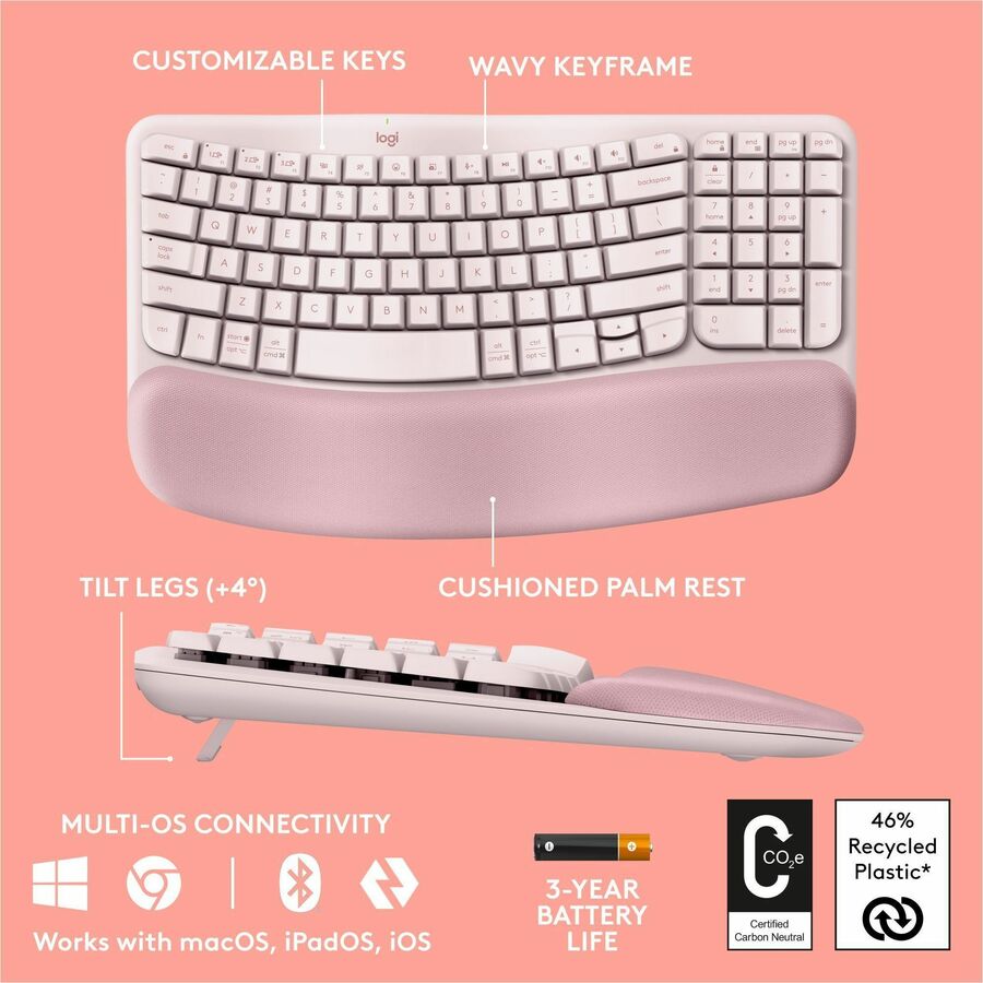 Logitech Wave Keys Wireless Ergonomic Keyboard with Cushioned Palm Rest, Comfortable Natural Typing, Easy-Switch, Bluetooth, Logi Bolt Receiver, for Multi-OS, Windows/Mac, Rose 920-012276