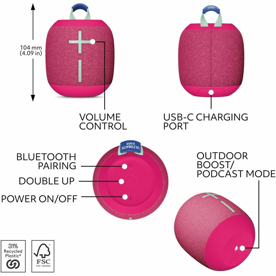 Ultimate Ears WONDERBOOM 4 Portable Bluetooth Speaker System - Hyper Pink 984-001878