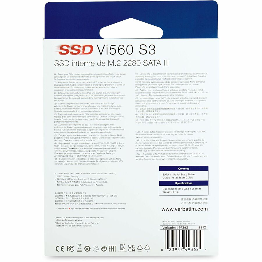 Verbatim Vi560 256 GB Solid State Drive - M.2 2280 Internal - SATA (SATA/600) 49362