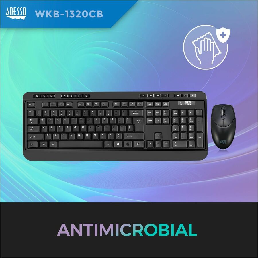 Adesso Antimicrobial Wireless Desktop Keyboard and Mouse WKB-1320CB