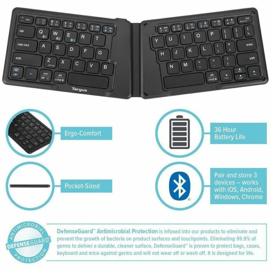 Targus Ergonomic Foldable Bluetooth Antimicrobial Keyboard AKF003US