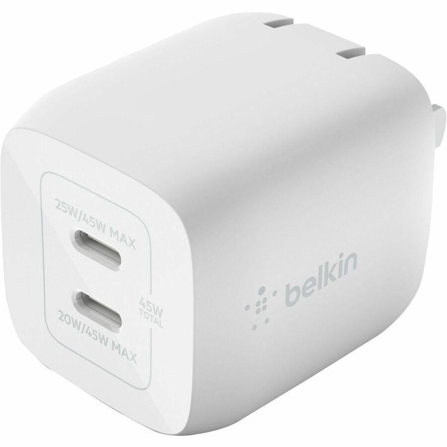 Belkin 45W Portable Dual Port GaN Wall Charger - 2xUSB-C (45W Total) - w/ USB-C to USB-C Cable - Fast Charging - Power Adapter - White WCH011DQ2MWH-B6