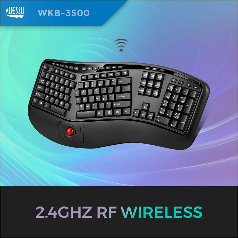 Adesso 2.4 GHz Wireless Ergonomic Trackball Keyboard WKB-3500UB