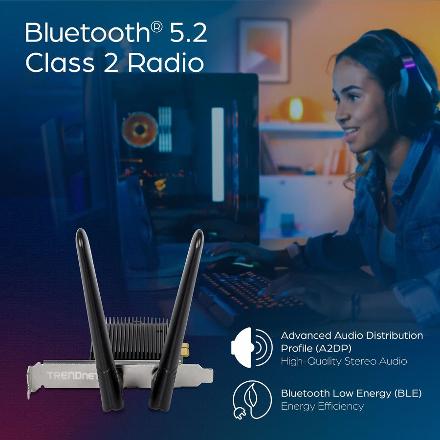 TRENDnet TEW-907ECH IEEE 802.11ax Bluetooth 5.2 Dual Band Wi-Fi/Bluetooth Combo Adapter for Desktop Computer - TAA Compliant TEW-907ECH