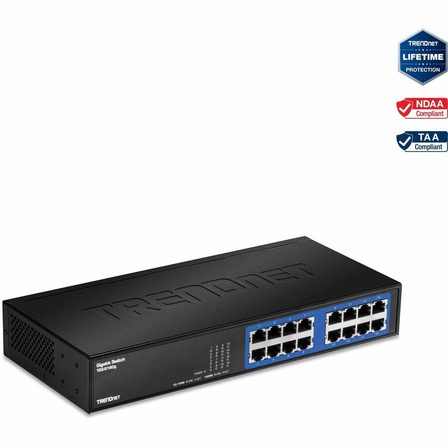 TRENDnet 6-Port Unmanaged Gigabit GREENnet Desktop Metal Switch, Ethernet-Network Switch, 16 x 10-100-1000 RJ-45 Ports, 32 Gbps Forwarding Capacity, Lifetime Protection, Black, TEG-S16DG TEG-S16DG