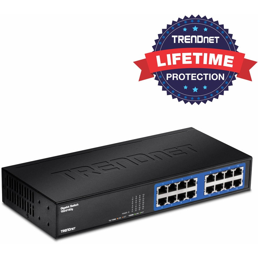 TRENDnet 6-Port Unmanaged Gigabit GREENnet Desktop Metal Switch, Ethernet-Network Switch, 16 x 10-100-1000 RJ-45 Ports, 32 Gbps Forwarding Capacity, Lifetime Protection, Black, TEG-S16DG TEG-S16DG