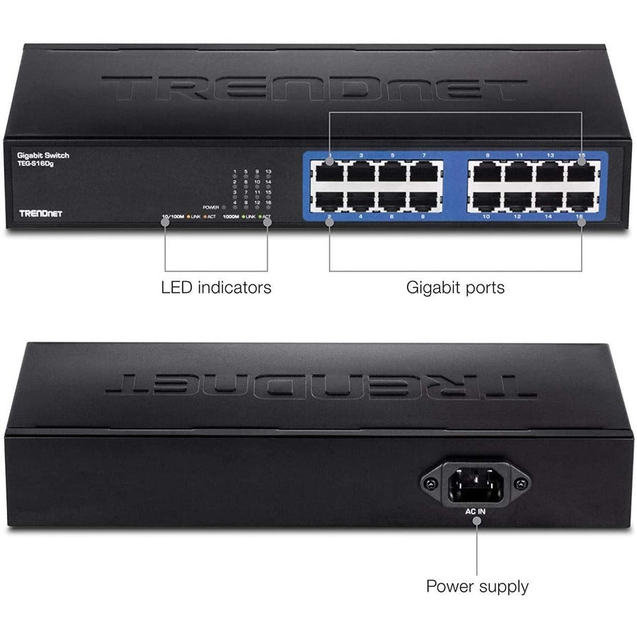 TRENDnet 6-Port Unmanaged Gigabit GREENnet Desktop Metal Switch, Ethernet-Network Switch, 16 x 10-100-1000 RJ-45 Ports, 32 Gbps Forwarding Capacity, Lifetime Protection, Black, TEG-S16DG TEG-S16DG