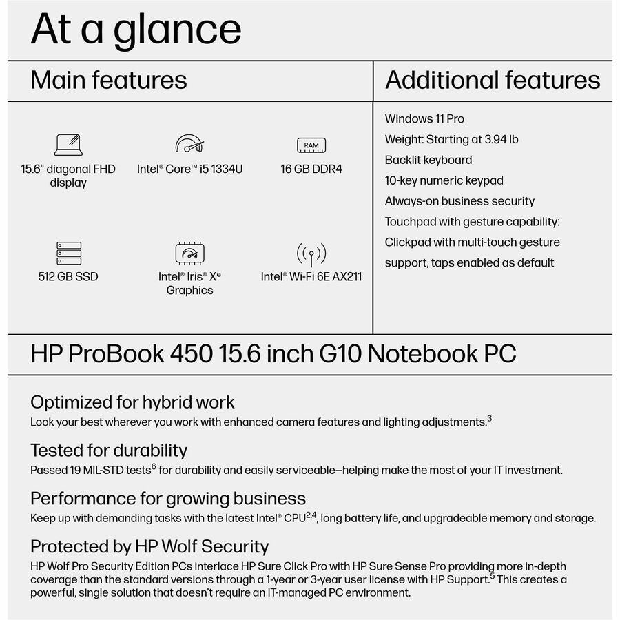 HP ProBook 450 G10 15.6" Notebook - Full HD - Intel Core i5 13th Gen i5-1334U - 16 GB - 512 GB SSD - English (US) Keyboard - Pike Silver Plastic 9C4H1UT#ABA