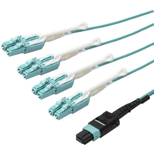 StarTech.com Câble de dérivation MPO / MTP vers LC de 1 m - Câble à fibre optique classé plénum - OM3 multimode, 40 Go - Languette Push/Pull - Câble de brassage fibre Aqua MPO8LCPL1M