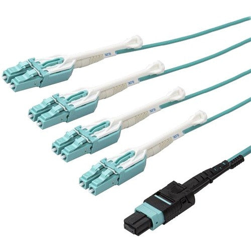 StarTech.com Câble de dérivation MPO / MTP vers LC de 10 m - Câble à fibre optique classé plénum - OM3 multimode, 40 Go - Languette push/pull - Câble de brassage fibre Aqua MPO8LCPL10M