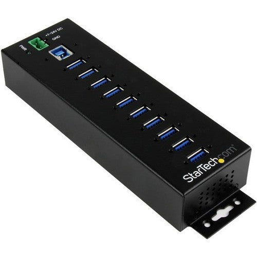 StarTech.com 10 Port USB Hub w/ Power Adapter - Metal Industrial USB 3.0 Data Hub - Din Rail, Wall & Desk Mount USB 3.1 Gen 1 5Gbps Hub HB30A10AME