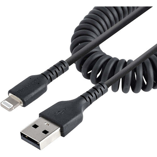 StarTech.com 1m (3ft) USB to Lightning Cable, MFi Certified, Coiled iPhone Charger Cable, Black, Durable TPE Jacket Aramid Fiber RUSB2ALT1MBC