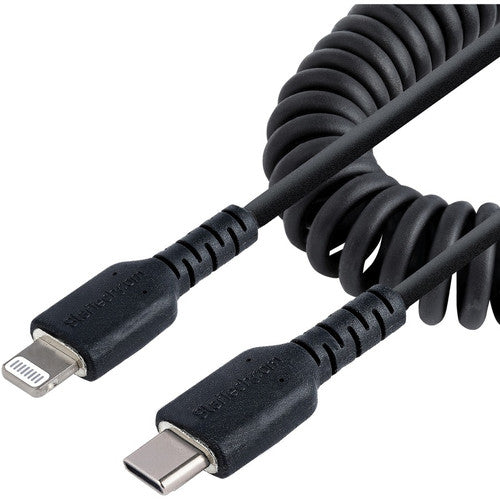 StarTech.com Câble USB C vers Lightning de 1 m, certifié MFi, câble spiralé pour chargeur d'iPhone, noir, gaine TPE durable en fibre d'aramide RUSB2CLT1MBC