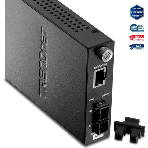 TRENDnet Convertisseur de média fibre SC multimode intelligent 1000Base-T vers 1000Base-SX, jusqu'à 550 m (1 800 pieds), convertisseur fibre vers Ethernet, capacité de commutation 2 Gbit/s, protection à vie, noir, TFC-1000MSC TFC-1000MSC