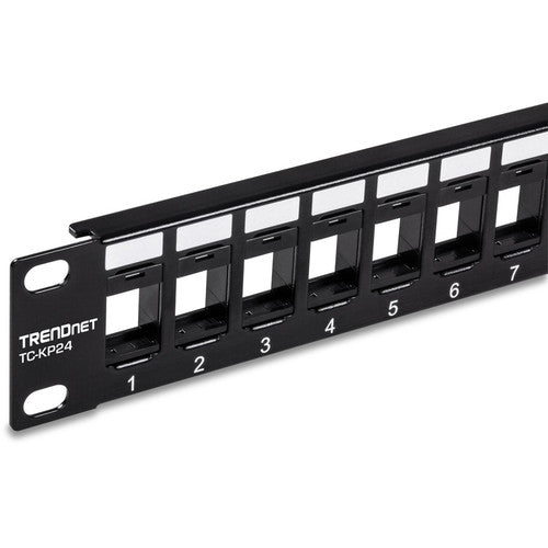 TRENDnet 24-Port Blank Keystone 1U Patch Panel, 1U 19" Metal Rackmount Housing, Recommended With TC-K25C6 & TC-K50C6 Cat6 Keystone Jacks (Sold Separately), Black, TC-KP24 TC-KP24