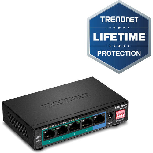 TRENDnet Switch PoE+ Gigabit longue portée 5 ports, 4 ports Gigabit PoE+, 1 x port Gigabit, budget PoE 32 W, capacité de commutation 10 Gbit/s, étend PoE+ 200 m (656 pieds), protection à vie, noir, TPE-LG50 TPE-LG50