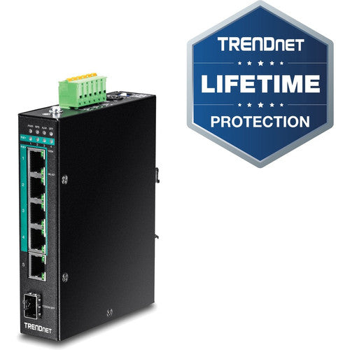 TRENDnet Commutateur industriel Gigabit PoE+ DIN-Rail renforcé à 5 ports, budget d'alimentation de 120 W, 1 x emplacement SFP, indice IP30, commutateur non géré, commutateur réseau Gigabit PoE+, protection à vie, noir, TI-PG541 TI-PG541