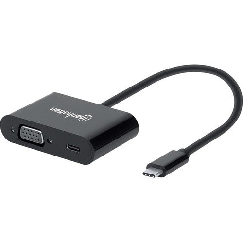 Manhattan USB-C to VGA and USB-C (inc Power Delivery), 1080p@60Hz, 19.5cm, Black, Power Delivery to USB-C Port (60W), Equivalent to Startech CDP2VGAUCP, Male to Female, Lifetime Warranty, Retail Box 153430