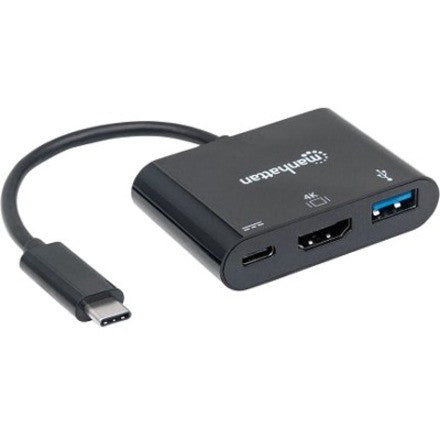 Manhattan USB-C Dock/Hub, Ports (x3): HDMI, USB-A and USB-C, With Power Delivery to USB-C Port (60W), 5 Gbps (USB 3.2 Gen1 aka USB 3.0), Equivalent to Startech CDP2HDUACP, Cable 8cm, Black, Three Year Warranty, Blister 152037