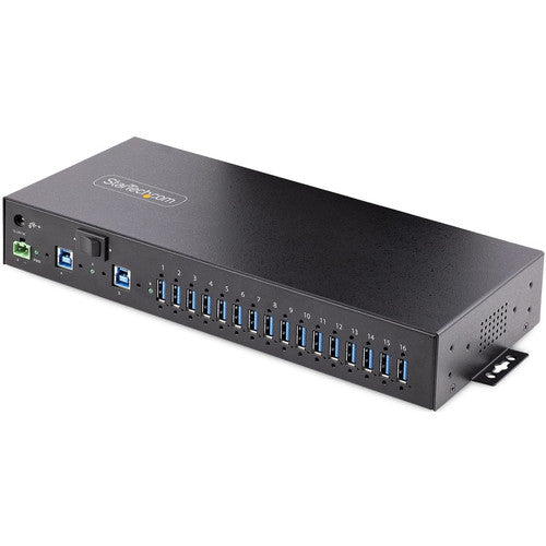 StarTech.com Hub USB 3.0 industriel 16 ports 5 Gbit/s, montable, alimentation du bornier jusqu'à 120 W partagée, chargement USB, hub/commutateur double hôte 5G16AINDS-USB-A-HUB