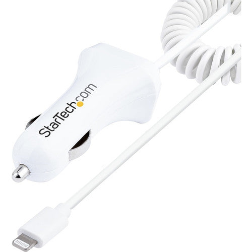 StarTech.com Chargeur de voiture Lightning avec câble enroulé, câble intégré de 1 m, 12 W, blanc, adaptateur de chargeur de voiture USB 2 ports, chargeur de voiture pour iPhone USBLT2PCARW2