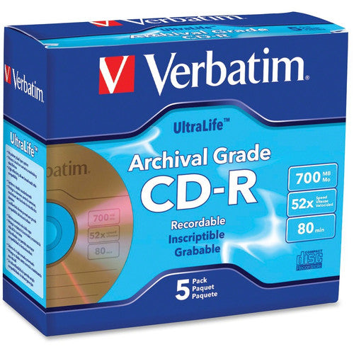 Verbatim CD-R 700 Mo 52X UltraLife Gold Archival Grade avec surface de marque et revêtement dur - 5pk Jewel Case 96319