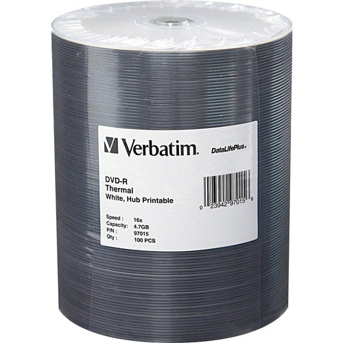 Verbatim DVD-R 4,7 Go 16X DataLifePlus blanc imprimable thermiquement, hub imprimable - 100 paquets de ruban adhésif 97015