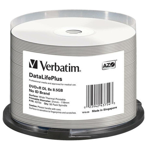 Verbatim DVD+R DL 8,5 Go 8X DataLifePlus blanc imprimable thermiquement, hub imprimable - broche 50pk 43754