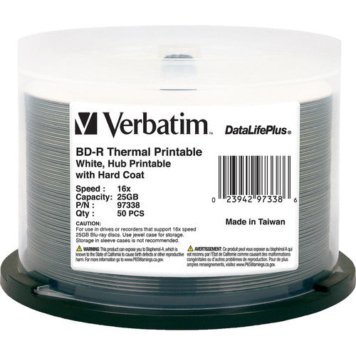 Verbatim BD-R 25GB 6X DataLifePlus White Thermal Printable, Hub Printable - 50pk Spindle 97338