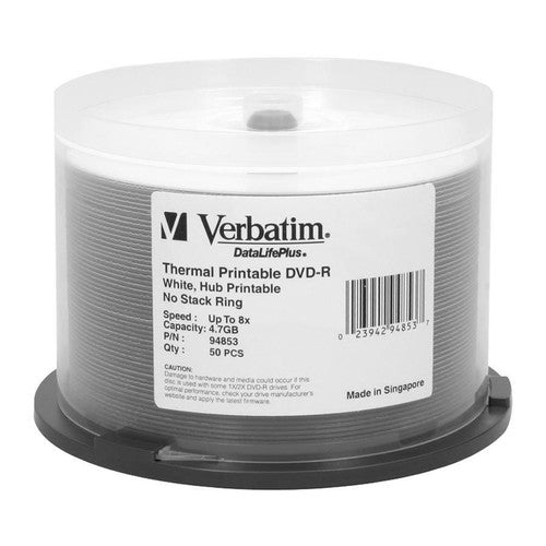 Verbatim DVD-R 4,7 Go 8X DataLifePlus blanc imprimable thermiquement, hub imprimable - broche 50pk 94853