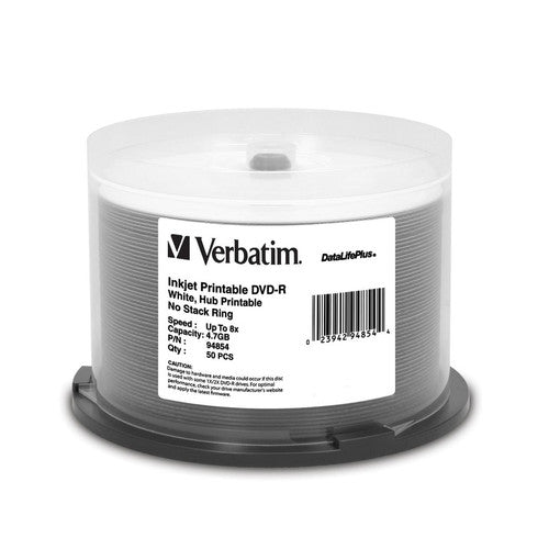 Verbatim DVD-R 4.7GB 8X DataLifePlus White Inkjet Printable, Hub Printable - 50pk Spindle 94854