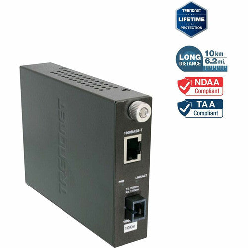 TRENDnet Intelligent 1000Base-T to 1000Base-LX Dual Wavelength Single Mode SC Fiber Media Converter (10km/6.2miles) Fiber to Ethernet Converter; Fiber Port; RJ-45; Lifetime Protection; TFC-1000S10D5 TFC-1000S10D5