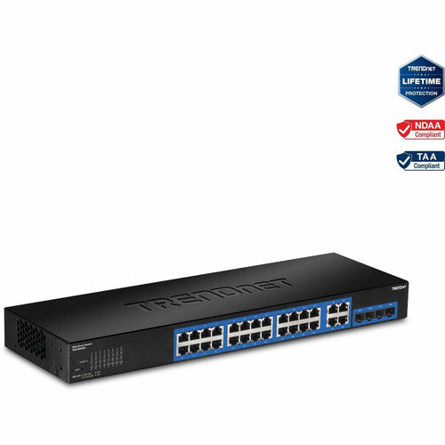 TRENDnet 28-Port Gigabit Web Smart Switch; 24 x Gigabit Ports; 4 x Shared Gigabit Ports (RJ-45/SFP); VLAN; QoS; LACP; IPv6; 56Gbps Switching Capacity; Lifetime Protection; TEG-284WS TEG-284WS