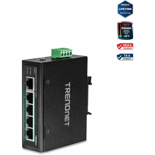 TRENDnet Commutateur industriel Fast Ethernet sur rail DIN à 5 ports, 4 ports Fast Ethernet PoE+, 1 x port Fast Ethernet, budget d'alimentation PoE 90 W, rail DIN, indice IP30, protection à vie, noir, TI-PE50 TI-PE50