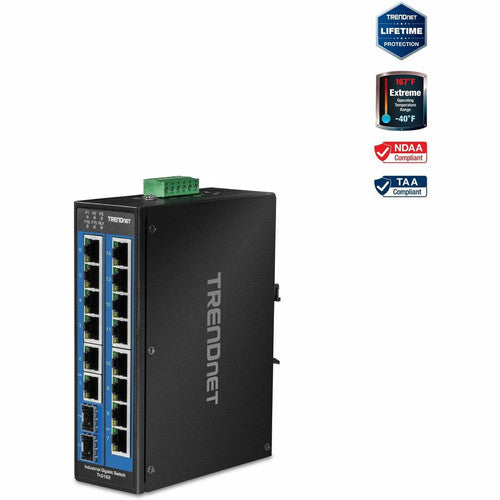 TRENDnet 16-Port Hardened Industrial Unmanaged Gigabit DIN-Rail Switch; TI-G162; 14 x Gigabit Ports; 2 x Gigabit SFP Slots;32Gbps Switching Capacity; IP30 Ethernet Network Switch; Lifetime Protection TI-G162