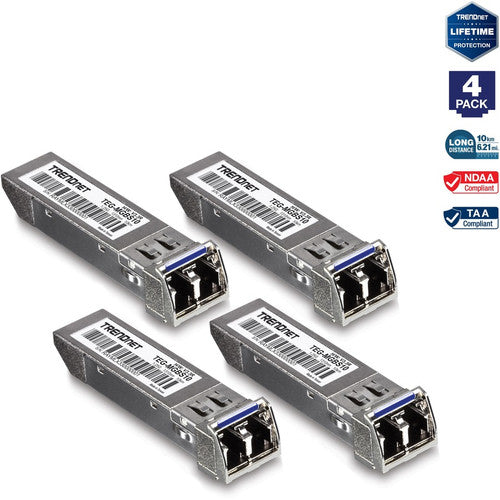 Module LC monomode TRENDnet SFP, paquet de 4 ; TEG-MGBS10/4 ; Pour fibre monomode ; Distances jusqu'à 10 km (6,2 milles) ; SFP Gigabit ; Prend en charge jusqu'à 1,25 Gbit/s ; Ethernet Gigabit IEEE 802.3z ; Protection à vie TEG-MGBS10/4