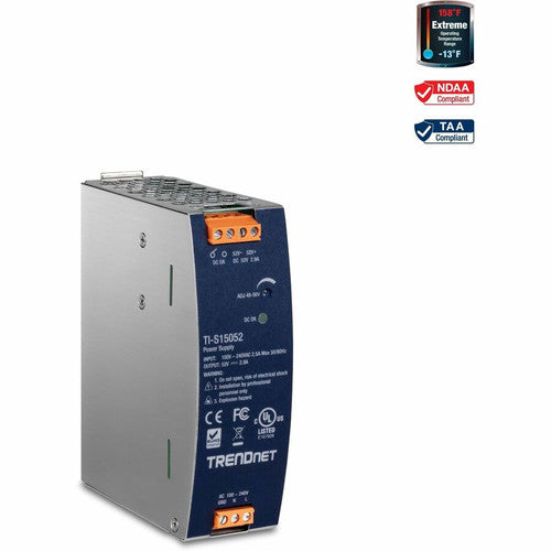 TRENDnet 150W, 52V DC, 2.89A AC to DC DIN-Rail Industrial Power Supply, Built-In Power Factor Controller Function, Extreme Operating Temperature Range -25&deg; - 70&deg; C (-13&deg; - 158&deg; F), Silver, TI-S15052 TI-S15052