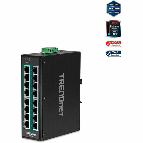 TRENDnet 16-Port Hardened Industrial Unmanaged Gigabit 10/100/1000Mbps DIN-Rail Switch w/ 16 Gigabit PoE+ Ports; Lifetime Protection; TI-PG160 TI-PG160