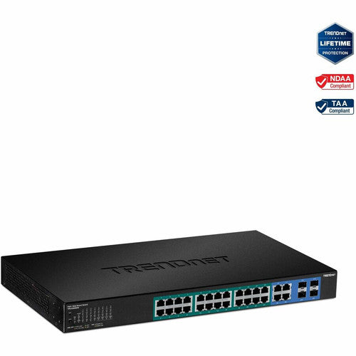 TRENDnet 28-Port Web Smart PoE+ Switch; 24 x Gigabit PoE+ Ports; 4 x Shared Gigabit Ports (RJ-45 or SFP); VLAN; QoS; LACP; IPv6 Support; 370W PoE Power Budget; Lifetime Protection; TPE-5028WS TPE-5028WS