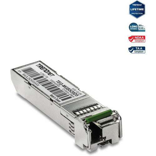 TRENDnet SFP vers module LC monomode double longueur d'onde RJ45 ; TEG-MGBS20D5 ; Doit s'associer avec TEG-MGBS20D3 ou un module compatible ; Jusqu'à 20 km (12,4 miles) ; SFP bidirectionnel (WDM) ; Protection à vie TEG-MGBS20D5