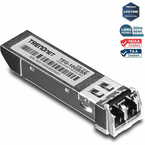 TRENDnet SFP to RJ45 10GBASE-SR SFP+ Multi Mode LC Module; TEG-10GBSR; Up to 550 m (1;804 Ft.); Hot Pluggable SFP+ Transceiver; 850nm Wavelength; Duplex LC Connector; DDM Support; Lifetime Protection TEG-10GBSR