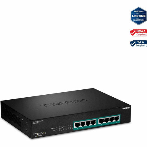 Commutateur Poe+ Gigabit pleine puissance à 8 ports TRENDnet ; 8 ports Gigabit PoE+ ; Budget de puissance de 240 W ; Capacité de commutation de 16 Gbit/s ; Montable en rack ; Commutateur réseau Ethernet ; Métal; Protection à vie ; TPE-TG80F TPE-TG80F