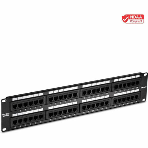 TRENDnet 48-Port Cat5-5e RJ-45 UTP Unshielded Patch Panel, Wallmount Or Rackmount, 100Mhz, Cat5e Krone Connectors, Color-Coded Labeling, Cat3,Cat5e,Cat4,Cat3 Compatible, 2U Rackmount, Black, TC-P48C5E TC-P48C5E