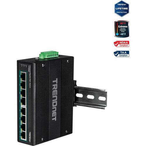 TRENDnet 8-Port Hardened Industrial Unmanaged Gigabit 10/100/1000Mbps DIN-Rail Switch w/ 8 x Gigabit PoE+ Ports; TI-PG80B; 24 ? 56V DC Power inputs with Overload Protection TI-PG80B